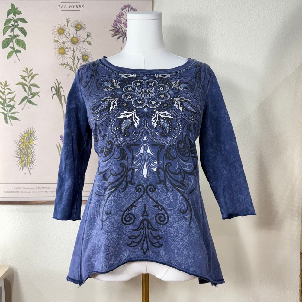 Y2k Blue Embellished Rhinestone Studs Paisley Asymmetric Hem Top Fairy Grunge M
